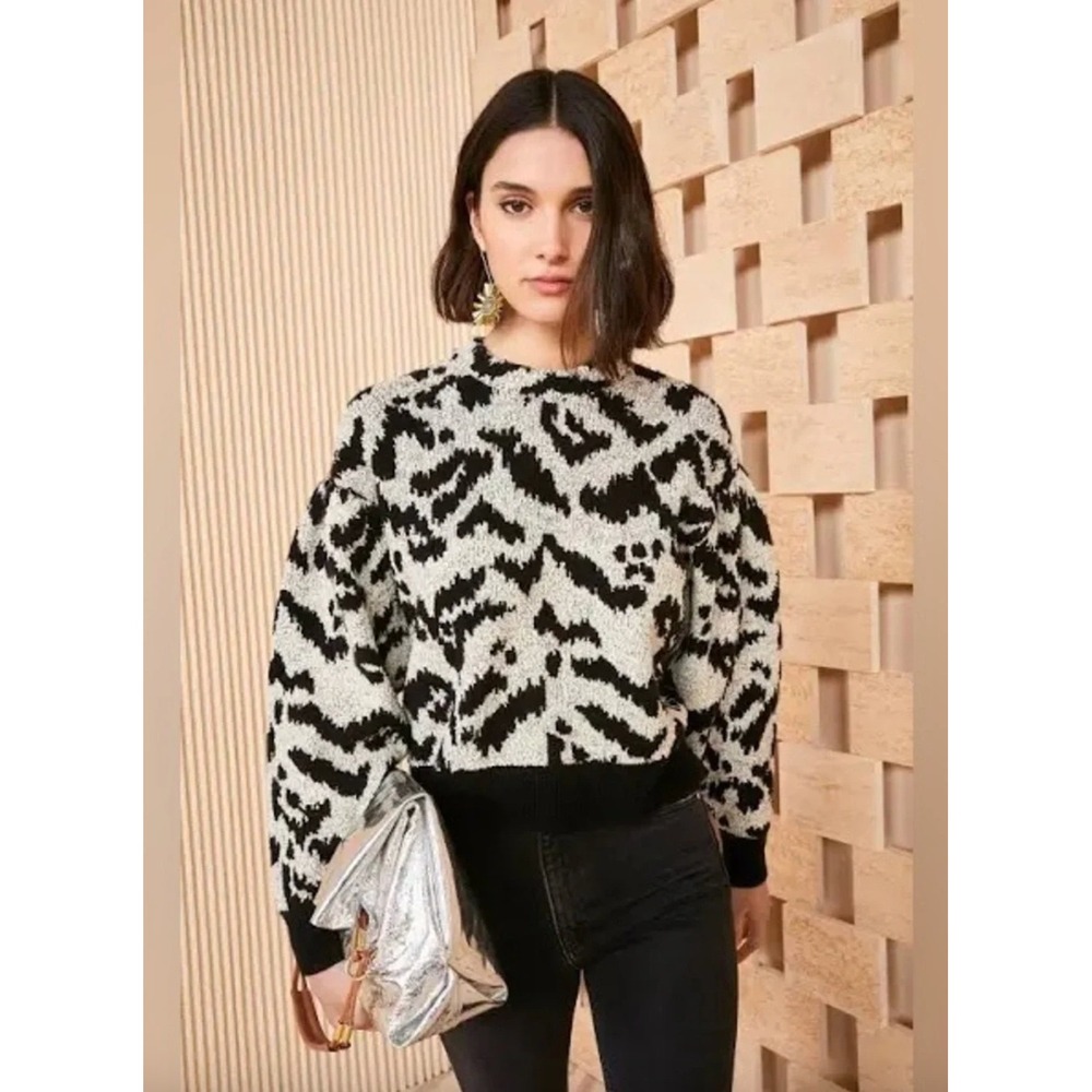 NWOT Ulla Johnson Nalla Animal Boucle Crewneck Sweater Onyx Wool Blend Size L